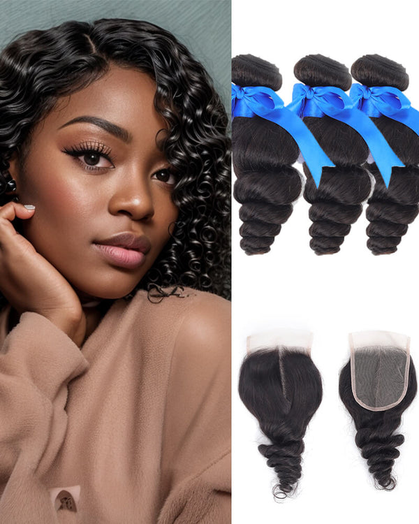 Charmanty Effortless Loose Wave Bundles with Closure 4X4 Invisible Lace Real Human Hair