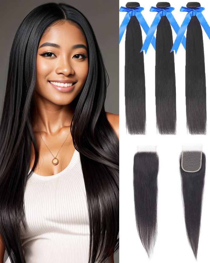Charmanty Silky Straight Bundles with Closure 4x4 Transparent Lace Human Hair