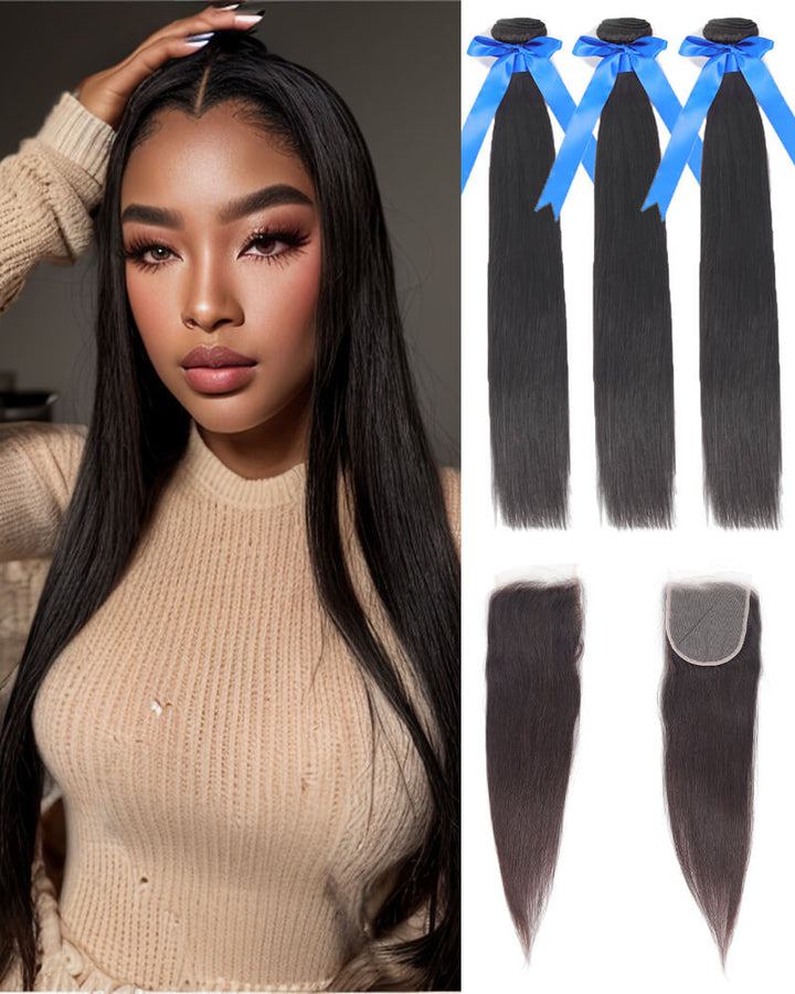 Charmanty Silky Straight 3 Bundles with Closure 5x5 Transparent Lace Real Human Hair