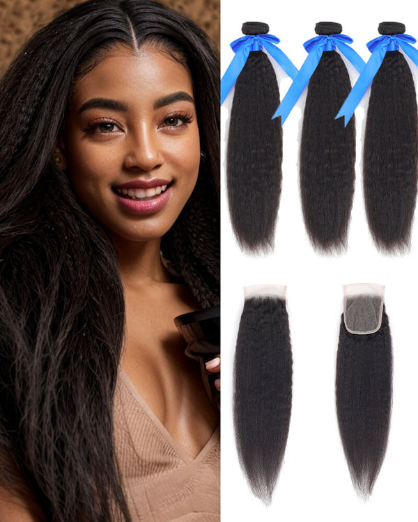 Charmanty Premium Afro Kinky Straight Bundles with Closure 4x4 Transparent Lace