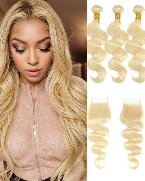 Charmanty Glamorous 613 Blonde Bundles with Closure 4X4 Invisible Lace Body Wave