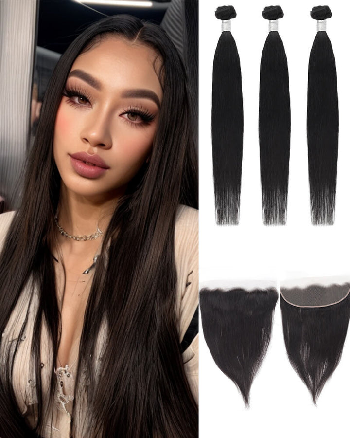 Charmanty Premium Silky Straight Bundles with Frontal 13x4 Transparent Lace