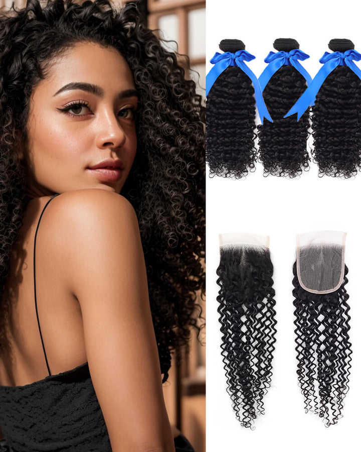 Charmanty Premium Afro Kinky Curly Bundles with Closure 4x4 Transparent Lace Ture Human Hair