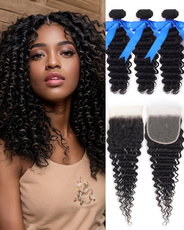 Charmanty Elegant Curly Hair Bundles with Closure 5x5 Invisible Lace Deep Wave