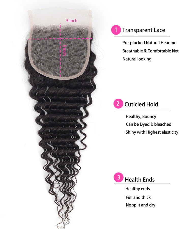 Charmanty Elegant Curly Hair Bundles with Closure 5x5 Invisible Lace Deep Wave