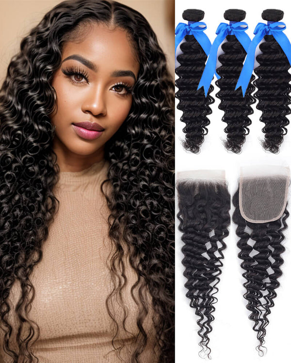 Charmanty Bouncy Deep Wave Bundles with Closure 4x4 Invisible Lace Human Hair