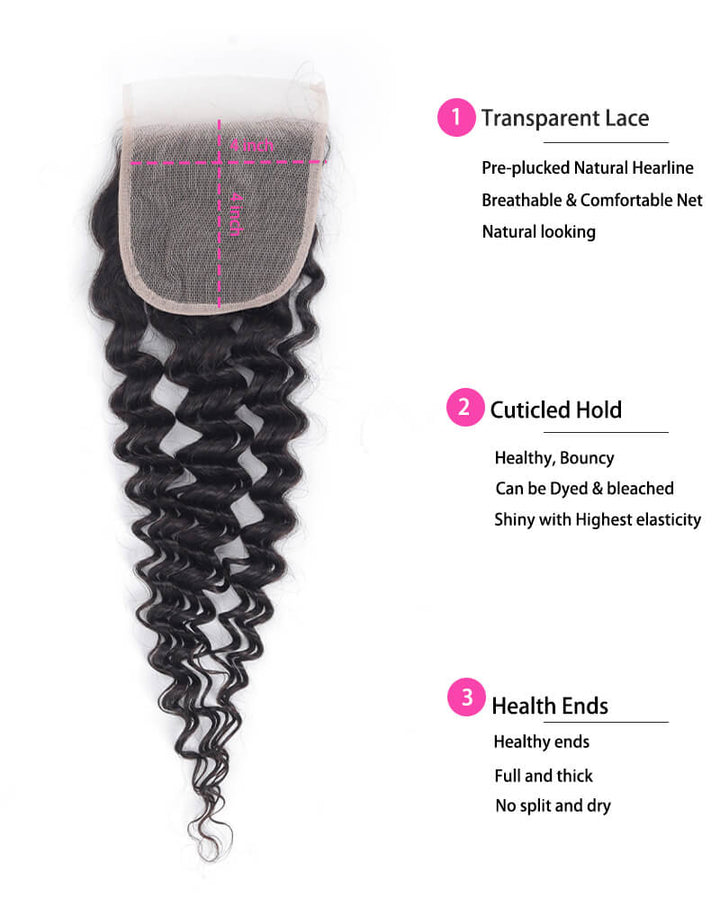 Charmanty Bouncy Deep Wave Bundles with Closure 4x4 Invisible Lace Human Hair