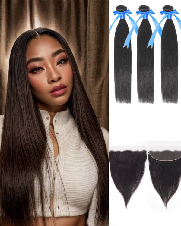 Charmanty Silky Straight Human Hair Bundles with Closure 13x4 Transparent Lace