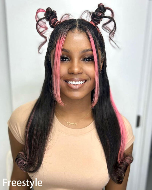 Charmanty Gorgeous Body Wave Pink Highlights on Black Hair 13x6 Transparent Lace True Human Hair