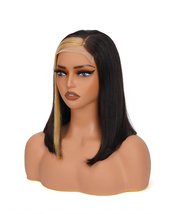 Charmanty Silky Straight Black Hair with Blonde Highlights in Front 4X4 Natural Melted Lace Real Human Hair