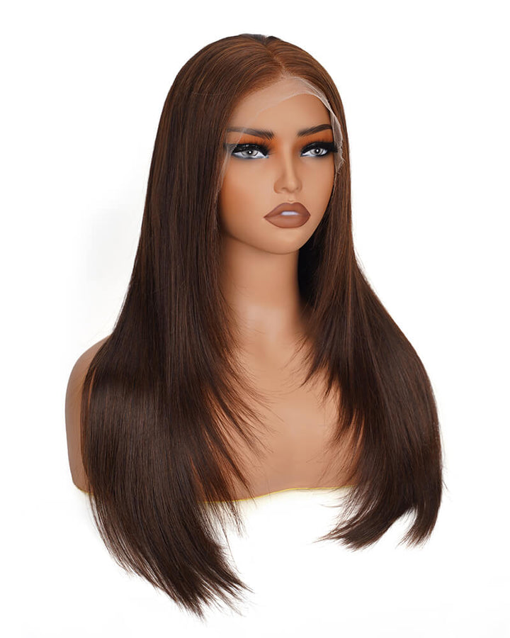 Charmanty Charming Chocolate Brown Layered Cut Straight Wig Human Hair 13x4 Natural Melted Lace