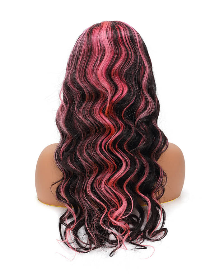 Charmanty Gorgeous Body Wave Pink Highlights on Black Hair 13x6 Transparent Lace Ture Human Hair